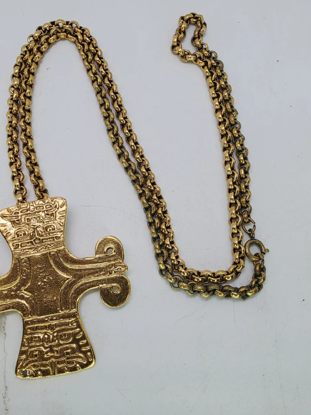 Vintage MMA Peruvian Chavin Cross Pendant Chain Necklace Zoomorphic Gold Tone